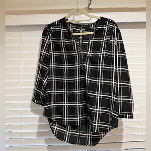 Black and White Plaid V-Neck Womens Top